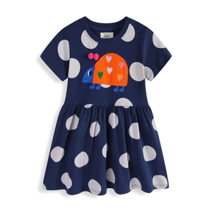 Robe fille bleu marine à pois blancs avec broderie d'insectes mignons