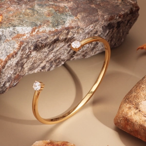 Minimalist 18K gold plated open cuff bracelet with two sparkling round zircon stones