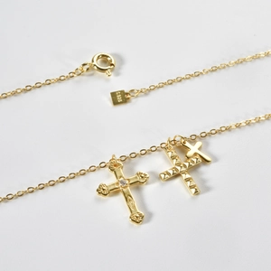 S925 sterling silver multi-layer necklace with golden cross pendants and zircon stones