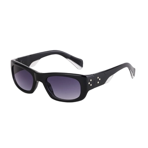 Classic rectangle black sunglasses with purple gradient lenses and gold star rivets
