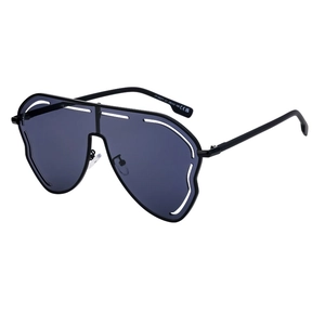 Oversized irregular shield sunglasses with matte black frames and dark grey lenses