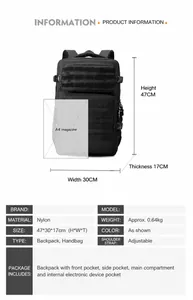 Detailed dimensions of black tactical nylon backpack with A4 magazine size comparison