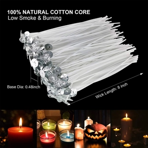 8 inch natural cotton candle wicks with metal base for DIY candle making low smoke