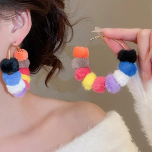 Colorful Faux Fur Ball Large Copper Alloy Hoop Earrings With Silver Earring Post Bohemian Dopamine Style For Women
