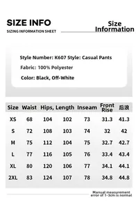 Size chart for casual wide leg trousers showing measurements in cm for sizes XS to 2XL