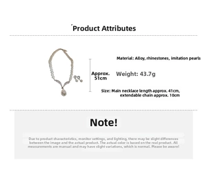 Detailed specs of teardrop pearl necklace and rhinestone earrings set with measurements