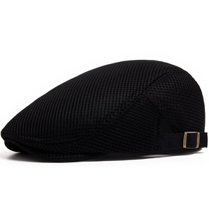 Breathable black mesh flat cap for men and women with adjustable side metal buckle