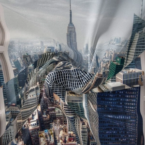 Detailed texture of polyester fabric featuring a New York skyline city print