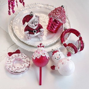 Christmas Tree Hanging Ornaments Plastic Glitter Bear Snowman Headphones Donut Lollipop Xmas Holiday Decor Pink Red