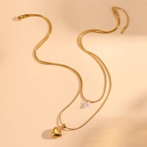 Double-layered 18k gold plated stainless steel snake chain necklace with heart and zircon pendants
