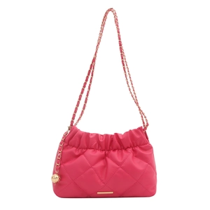 Quilted rose red bucket bag with gold chain strap and spherical charm detail