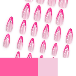 Pink French V-tip stiletto press-on nails with glitter finish and silver rhinestone accents
