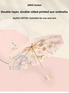 Detail view of double-layer UV umbrella with pink floral lining and wooden handle
