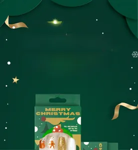 Detail of Christmas press-on nails with gingerbread patterns and orange glitter in green box
