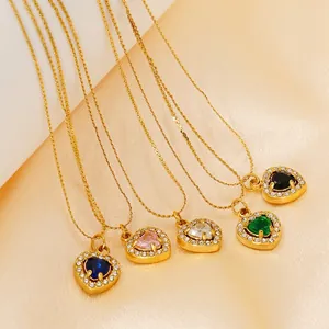 Heart Pendant Necklace 18K Gold Plated Stainless Steel Cubic Zirconia Halo Colorful Gemstone Elegant Jewelry For Women