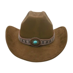 Detail of coffee brown felt cowboy hat with ethnic band and turquoise stone accent