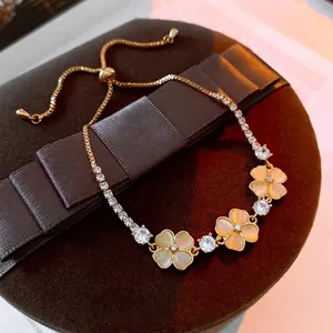 Flower Bracelet Copper With Zircon And Faux Cat Eye Stone Adjustable Drawstring Elegant Jewelry For Women