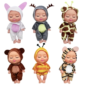 Set of six 5-inch sleeping baby dolls in various animal-themed plush onesies