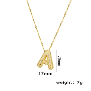 18K gold plated A-letter necklace with micro-pave zircons and small gold bead chain