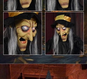 Detail of a Halloween witch prop with long grey hair and glowing red eyes in a dark setting