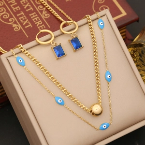 Evil Eye Jewelry Set Stainless Steel Multi-layer Necklace And Square Blue Gemstone Earrings Drip Oil Enamel Boho Style