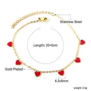 Detailed view of 20+5cm gold plated stainless steel anklet with seven red heart charms