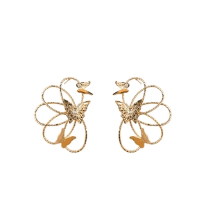 Elegant golden hollow butterfly earrings with intricate metallic wing texture and layers