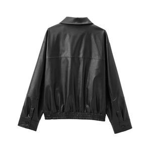 Rear view of a black faux leather aviator jacket featuring an elastic hem and back yoke seam