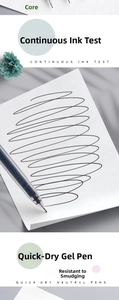 Close-up of 0.5mm quick-dry gel pen performing a continuous smooth ink flow test