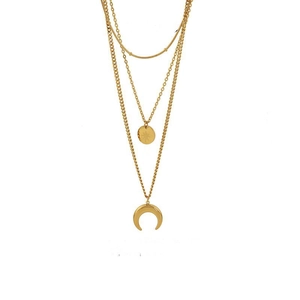 Retro triple layer gold necklace with snake chain and round moon pendants