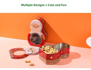 Detail of red Santa Claus tin gift boxes with transparent window and peanut shape