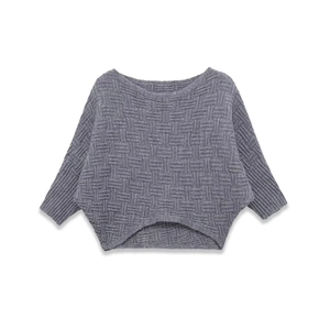 Women Knit Sweater Grey Textured Batwing Sleeve Boat Neck Cropped Casual Pullover