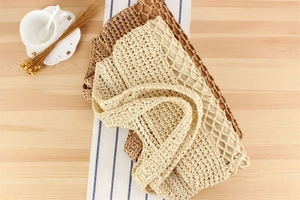 Detailed macro view of hollow mesh weave texture on two beige and tan paper rope tote bags