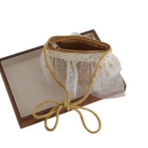 Girls straw woven purse with white lace trim and gold polka dot mesh ribbon