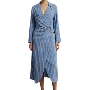 Blue and white vertical striped wrap dress with V-neck, long sleeves and silver buckle