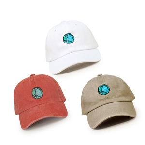 Embroidered earth logo washed cotton baseball caps in white, red and khaki colors