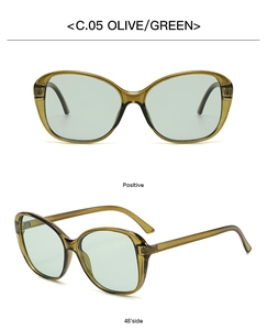 Front and 45-degree angle views of olive green butterfly frame sunglasses for women