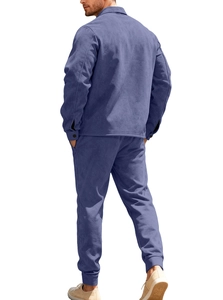 Back view of men's casual workwear set with jacket and trousers in fog blue fabric