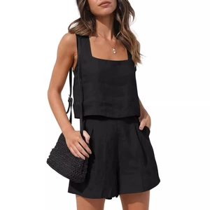 Ensemble 2 pièces noir pour femme en lin avec haut sans manches et short à taille haute