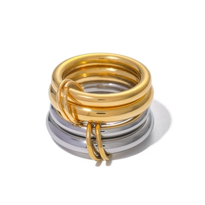 Minimalist 18k gold and silver stainless steel layered ring set with high polish finish