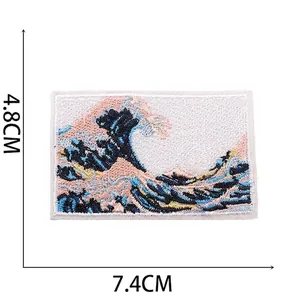 Detailed embroidery patch featuring Japanese wave art 7.4x4.8cm and 3.5g size specs