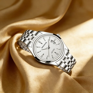 Detail of silver stainless steel watch with white dial on luxury gold silk background