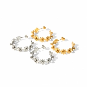 Polished C-shaped daisy floral earrings in gold and silver finish for women