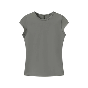 Detail of dark grey slim-fit athletic t-shirt with flutter sleeves and round neck