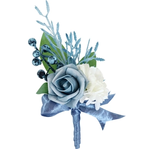 Blue and white rose boutonniere with decorative berries and a silk ribbon bow