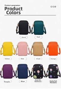 Detail view of mini crossbody phone bags in various colors with triple zipper pockets