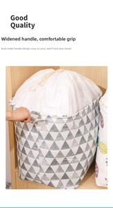 Detail of grey geometric storage basket featuring widened handles and drawstring closure