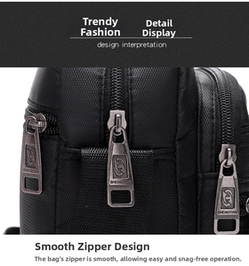 Detail of premium black nylon crossbody bag with durable gun-black metal zippers
