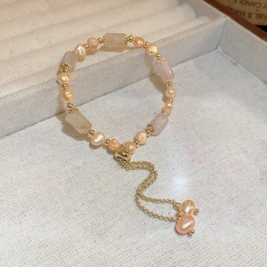 Elegant adjustable pink quartz and freshwater pearl bracelet with golden beads