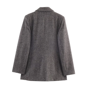 Deep grey herringbone wool blazer for women featuring a classic tailored back view profile